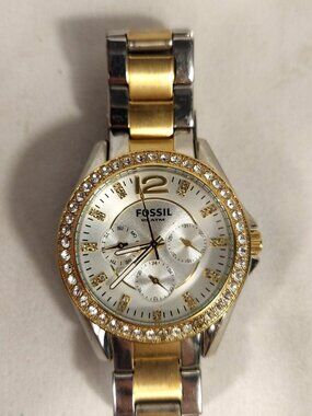 Fossil Riley ES2521 Watch Rhinestone 4 Time Zone Silver Gold Link NOS